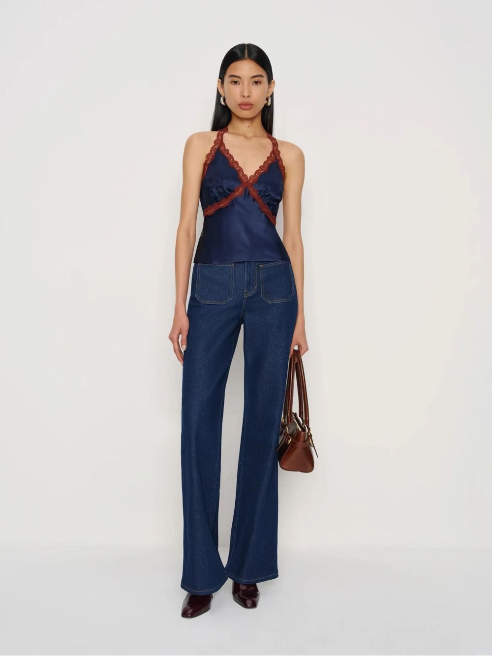 Reformation Monica Silk Top In navy, NEW WITHOUT TAGS, NEVER WORN, NO FLAWS.